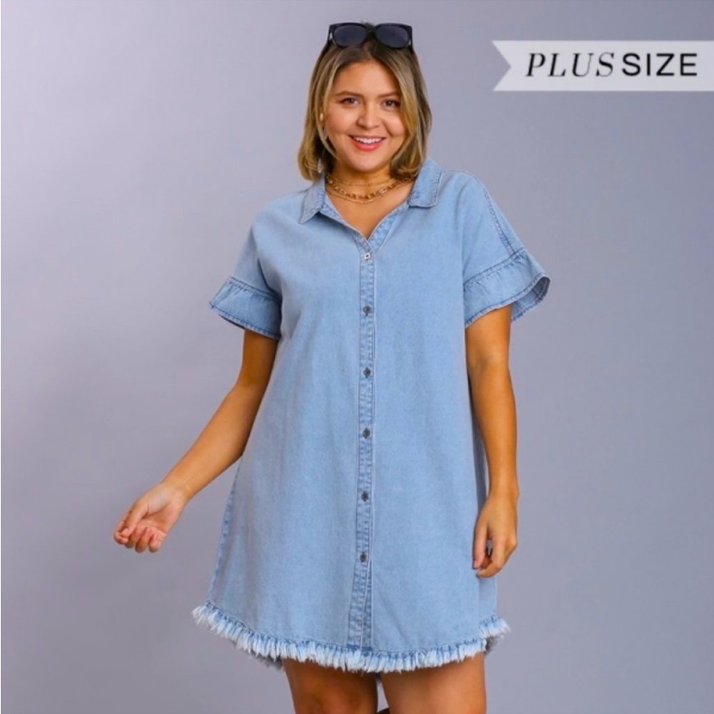 Umgee- XL Denim Ruffled Sleeve Shirt Dress
